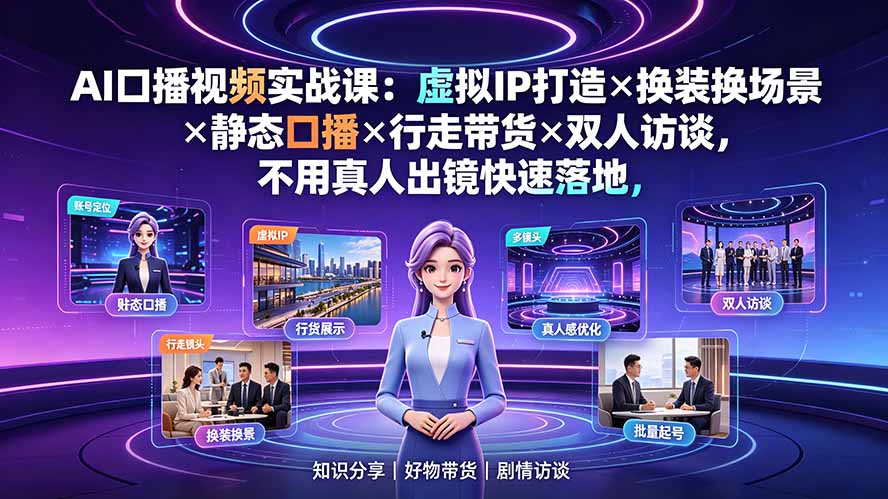 AI口播视频实战课:虚拟IP打造×换装换场景×静态口播×行走带货×双人访谈,不用真人出镜快速落地插图 AI口播视频实战课:虚拟IP打造×换装换场景×静态口播×行走带货×双人访谈,不用真人出镜快速落地插图